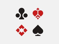 four different types of playing cards with hearts and spades on the sides, all in red