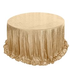 a round gold tablecloth with ruffled edges on it's sides and a white background