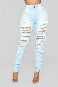 Available In Light Blue Wash High Rise Stretch Denim Distressed Washed 30" Inseam Front Faux Pockets Back Pockets Disclaimer: Due To The Specialized Wash & Distressing Process, Each Garment Is Unique 98% Cotton; 2% Spandex Imported  | Caught In Your Love Distressed Jeans in Light Blue Wash size 7 by Fashion Nova Rip Jeans, Cute Ripped Jeans, Ripped Jeans Outfit, High Waisted Distressed Jeans, Jeans Outfit Women, Blue Ripped Jeans, Juniors Jeans, Cute Jeans, Fashion Nova Jeans