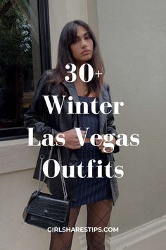 a woman standing in front of a building with the words 30 winter las vegas outfits