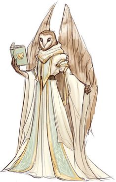 an owl dressed in white holding a book and standing next to it's wings