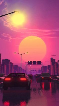 some cars are driving down the road in front of an orange and pink sunset with traffic lights