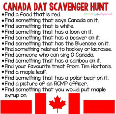 canada day scavenger hunt with the canadian flag in red, white and black