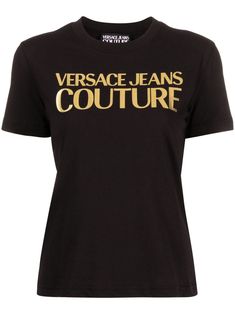 black/gold-tone cotton soft jersey logo print at the chest crew neck short sleeves straight hem Versace T Shirt, Black Shirts Women, Versace Logo, Jeans Logo, Latest T Shirt, Short Sleeve Pullover, Versace Jeans Couture, Versace Jeans, Fashion Logo