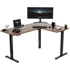 a computer desk with a monitor, keyboard and mouse next to it on a white background