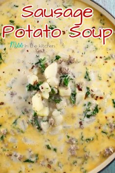 sausage potato soup in a skillet with the title above it