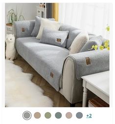 a living room with a gray couch and white rug