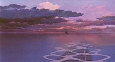 a painting of clouds over the ocean with a boat in the distance and an image of a long dock