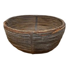 an old wooden basket is shown on a white background