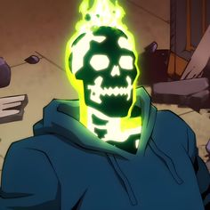 a man in a hoodie with a glowing skull on his head and hands behind him