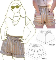 the front and back view of shorts with an image of a woman wearing sunglasses on her head