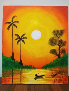 an acrylic painting of a sunset with palm trees and a man on a surfboard