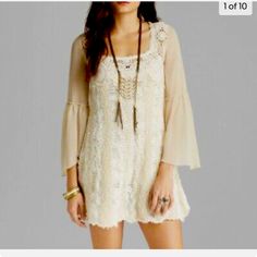 Nwt, Size M So Cute Retails For $168 Beige Lace Mini Dress For Fall, Fall Beige Lace Mini Dress, Bohemian Spring Mini Dress With Crochet Trim, Beige Long Sleeve Lace Dress For Summer, Long Sleeve Beige Lace Dress For Summer, Beige Lace Mini Crochet Dress, Beige Lace Crochet Mini Dress, Cream Crochet Dress With Lace Trim, Cream Long Sleeve Summer Lace Dress