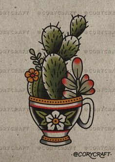 a drawing of a potted cactus with flowers in it's middle and the words coorocraft on top