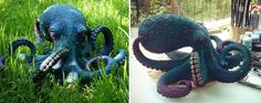 an octopus sculpture sitting on top of a lush green field next to a painting easel