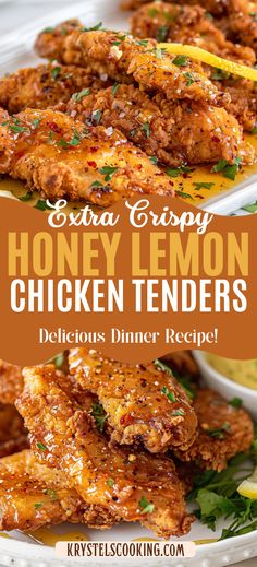 honey lemon chicken tenders on a white plate