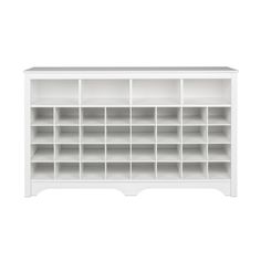 a white bookcase with many shelves on the top and bottom, in front of a white background