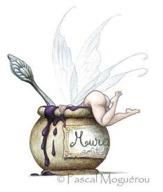 a drawing of a fairy sitting on top of a jar with a spoon in it