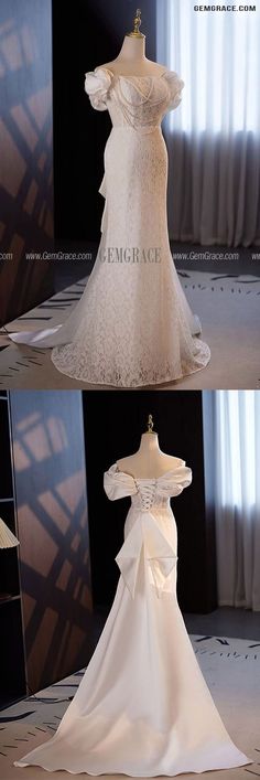 the back and side views of a wedding dress