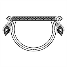 a black and white drawing of an oval frame with feathers on the rim, decorated by beads