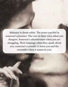 a man and woman kissing each other with a speech bubble above them that says, intimateity is about safety the people you feel in someone's presence