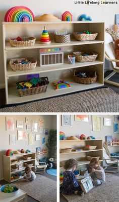 two photos of children playing with toys in a playroom