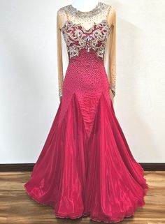 Red Fitted Evening Dress With Rhinestones, Fitted Red Evening Dress With Rhinestones, Fitted Rhinestone Dress For Dance, Fitted Dresses With Rhinestones For Dance, Fitted Red Rhinestone Dress, Fitted Red Dress With Rhinestones, Red Fitted Dress With Rhinestones, American Smooth Dress, Smooth Ballroom Dress