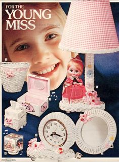 an advertisement for young miss with a child's doll and other items on it