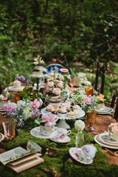 a table with plates, cups and saucers on it in the middle of a forest