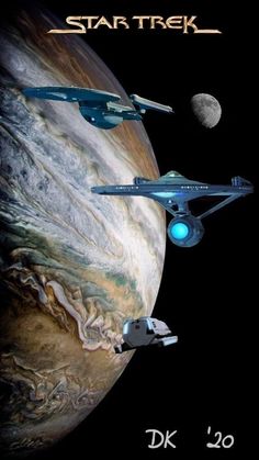 the star trek movie poster is shown in front of an image of saturn and two spaceships