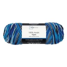 yarn with blue and black stripes on the top, in an acrylic pattern