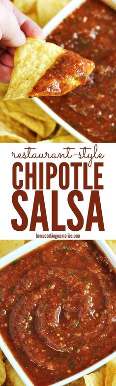 the recipe for chipotle salsa in a white dish with tortilla chips