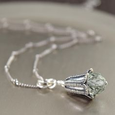 Green Amethyst necklace Bell flower necklace by southpawstudios Elegant Silver Necklace With Green Amethyst, Handmade Silver Jewelry With Green Amethyst, Crafty Jewelry, Bell Necklace, Wood Lake, Sparkly Accessories, Beads Ideas, Bracelets With Meaning, Nice Jewelry