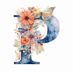 the letter p with flowers and butterflies on it is painted in blue, orange and white