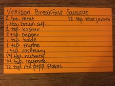 an orange piece of paper with writing on it that says, vernon breakfast sausage and two hot dogs