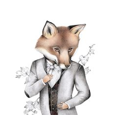 a drawing of a fox dressed in a suit and bow tie with flowers around his neck