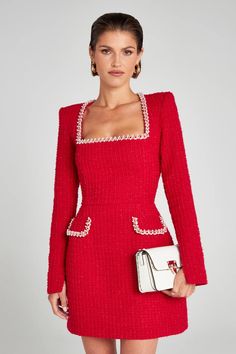 Red Cocktail Dress Outfit, Red Work Dress, Red Tweed Dress, Red Dress Classy, Nadine Merabi, Classic Skirts, Party Inspo, Elegant Party Dresses, Inspo Board