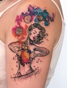 a woman's arm with an abstract tattoo design on it, and planets above her shoulder