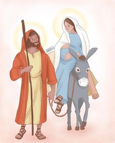 an image of jesus riding on donkey with the baby jesus in his lap and mary standing next to him