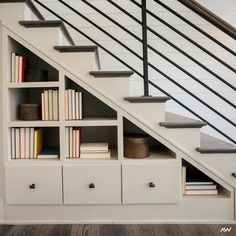 the bookshelf under the stairs is full of books