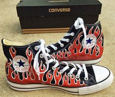 Painted Flame Converse Shoes, Red Pin Striping Flames, Old Fashion Retro Car flame Hi Tops, Swap Mee Flame Converse, Dream Hairstyles, Custom Converse Shoes, Painted Converse, Red Flames, Black High Top Shoes, Vintage Jeep, Black High Top Converse, Swap Meet