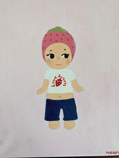 a painting of a little boy with a strawberry on his shirt and shorts, standing in front of a white wall