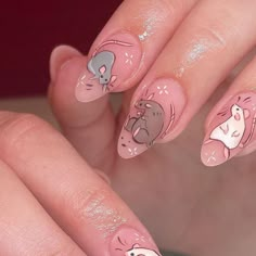 Animal Design Nails, Pink Gel X Nail Designs, Pikmin Nails, Nails With Animals, Ratatouille Nails, Short Cat Nails, Raccoon Nails, Cute Animal Nails, Dog Nails Design