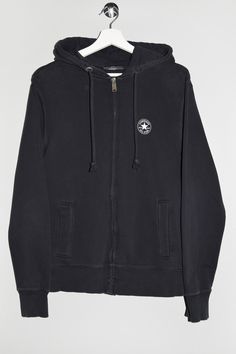 "Converse Hooded Full-Zip Sweatshirt Hoodie - Size tag: Please always check measurements before buying. Women's Medium - Measurements (laying flat): Pit to Pit: 20.5\" Length: 25\" Sleeve: 25\" Pit to Cuff: 19\" Across the Shoulders: 18.5\" -Wear: /Please see images for details/  Used condition. Slight fabric fading and small rips on the cuffs as shown on the pictures. - Fabric: Fabric tag is faded, probably a mix of Cotton and Polyester or just Cotton *All of our items are preloved pieces so some signs of natural wear and age are to be expected. Please look through the photos carefully to check if the condition is to your satisfaction. *All efforts are made to show any defects however small imperfections may be missed. *We try to describe the sizes as accurately as possible, but please ke Casual Fleece Track Jacket With Zip Fly, Hooded Fleece Tops With Zipper Closure, Streetwear Sportswear Hoodie With Zipper Closure, Sportswear Hoodie With Zipper For Streetwear, Outdoor Cotton Hoodie Track Jacket, Outdoor Cotton Track Jacket Hoodie, Streetwear Hooded Jacket With Zip Fly, Hooded Jacket With Zip Fly For Streetwear, Casual Hooded Track Jacket With Zipper Closure