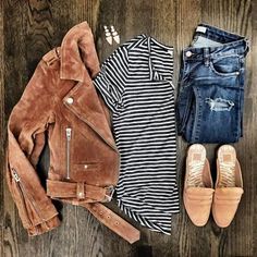 IG @mrscasual <click through to shop this look> suede moto jacket. striped tee. loafer mules. casual outfit idea Clothes And Shoes, Outfit Combinations, Striped Tee, Colored Jeans, Jacket Outfits, Jeggings