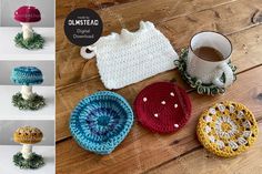 crocheted dishcloths, cups and saucers are on the table next to each other