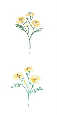 two yellow flowers with green stems and leaves on white paper, one is drawn by hand