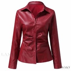 Lasaky - Stylish Collared Solid Color Leather Jacket Long-Sleeve Shirt Top Color Leather Jacket, Coloured Leather Jacket, Stylish Leather Jacket, Winter Blouses, Trendy Winter, Style Cardigan, Collar Designs, Sweater Set, Outfit Casual