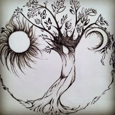 a drawing of a tree with the sun in it's center and leaves on its branches