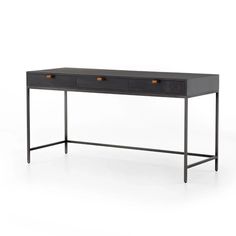 a black desk with two drawers on one side and an open drawer on the other